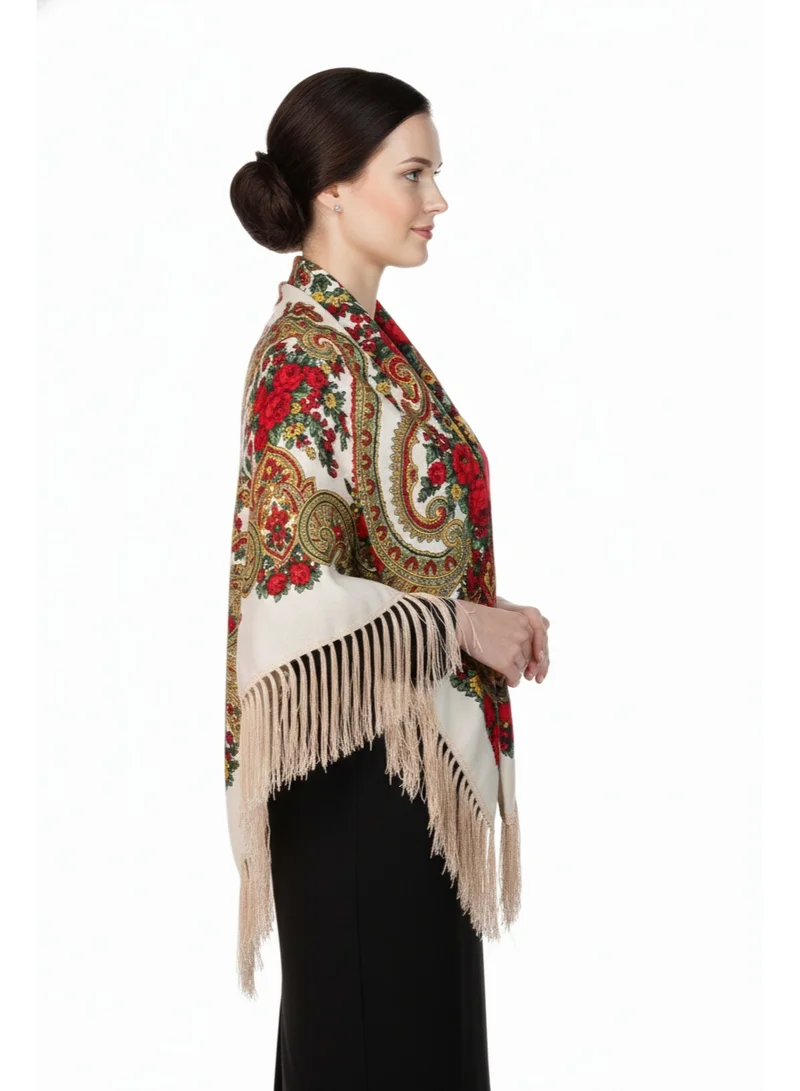 بيداني شال شعبي كريمي بزهر أحمر